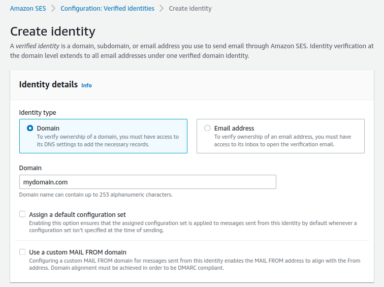 Amazon SES - Create Verified Identity